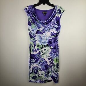 Connected Apparel Womens 8P Purple Floral Cowl Neck Sleeveless Sheath Dress